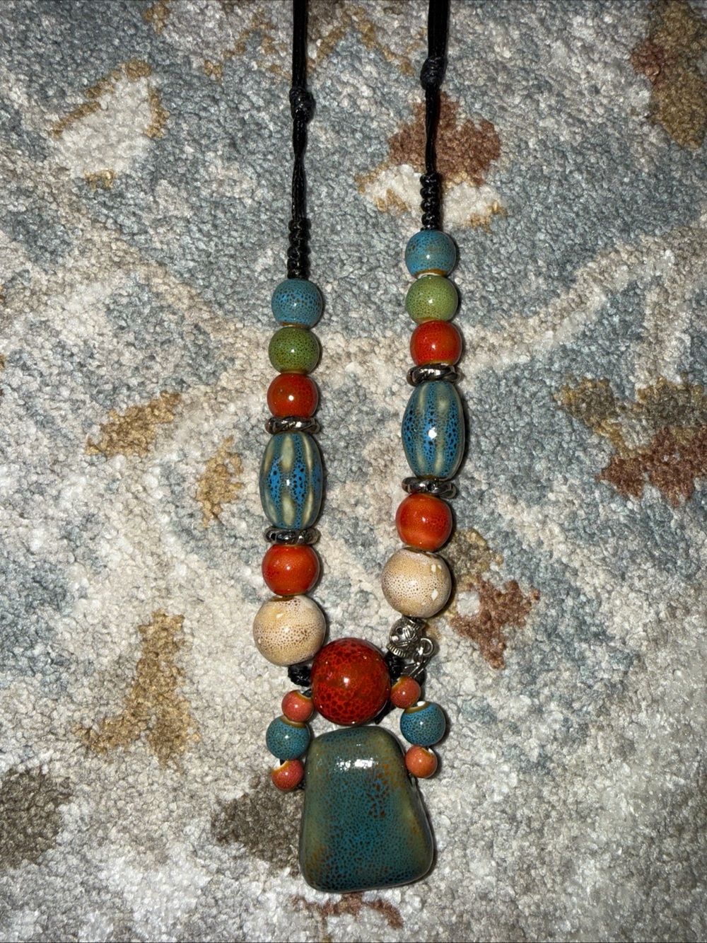 Beaded Colorful Pendant Necklace w/ Leather Strap